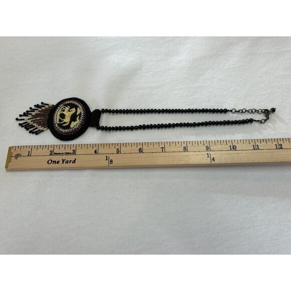 Handcrafted Beaded Necklace Horse Cameo Seed Bead Fringe Tassels - Picture 5 of 9